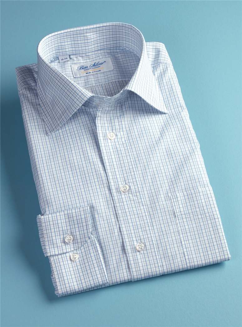 170's White with Blue Graph Check Spread Collar