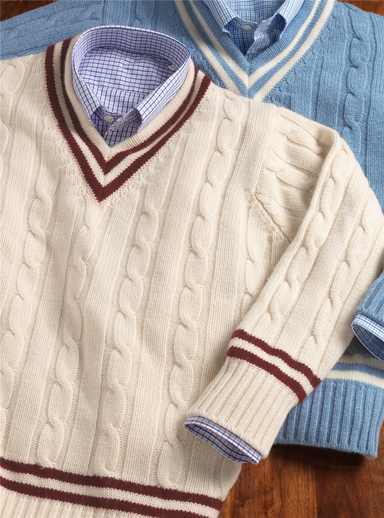Cashmere Cable Knit Tennis Sweater in Cream