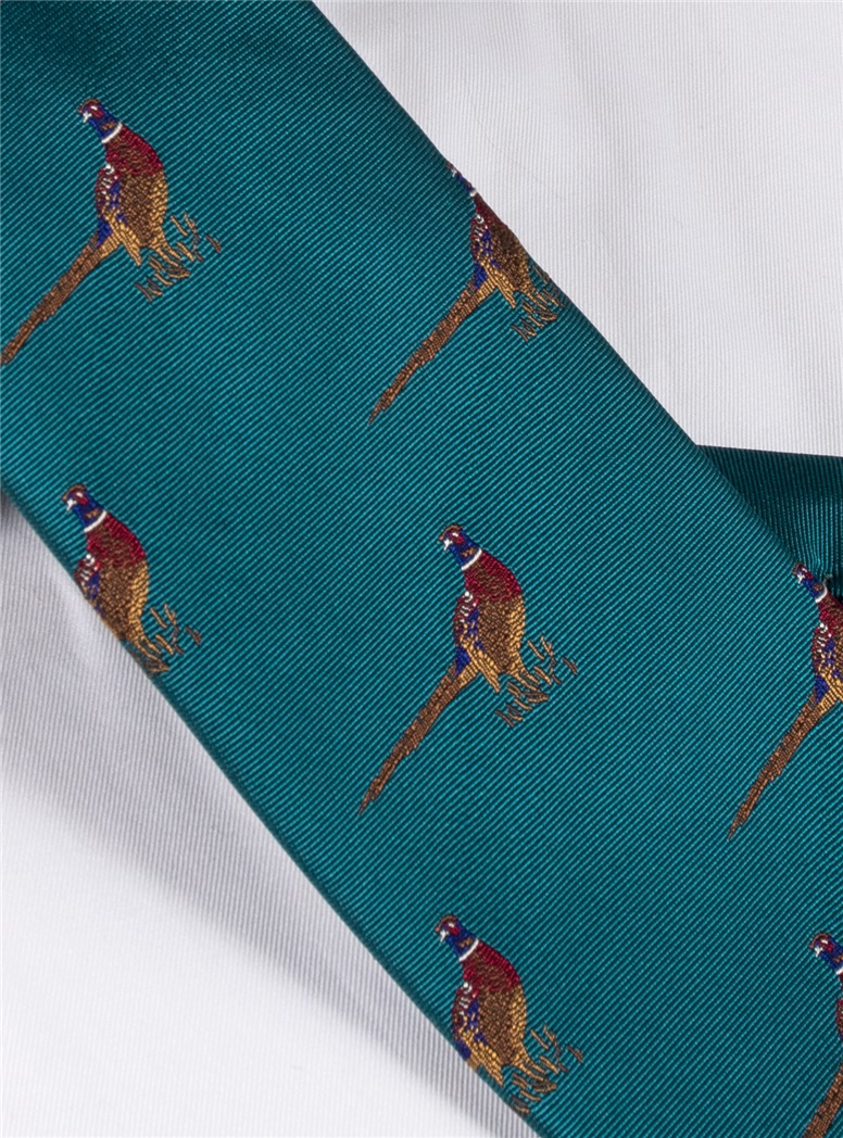 Jacquard Woven Pheasant Motif Tie in Teal