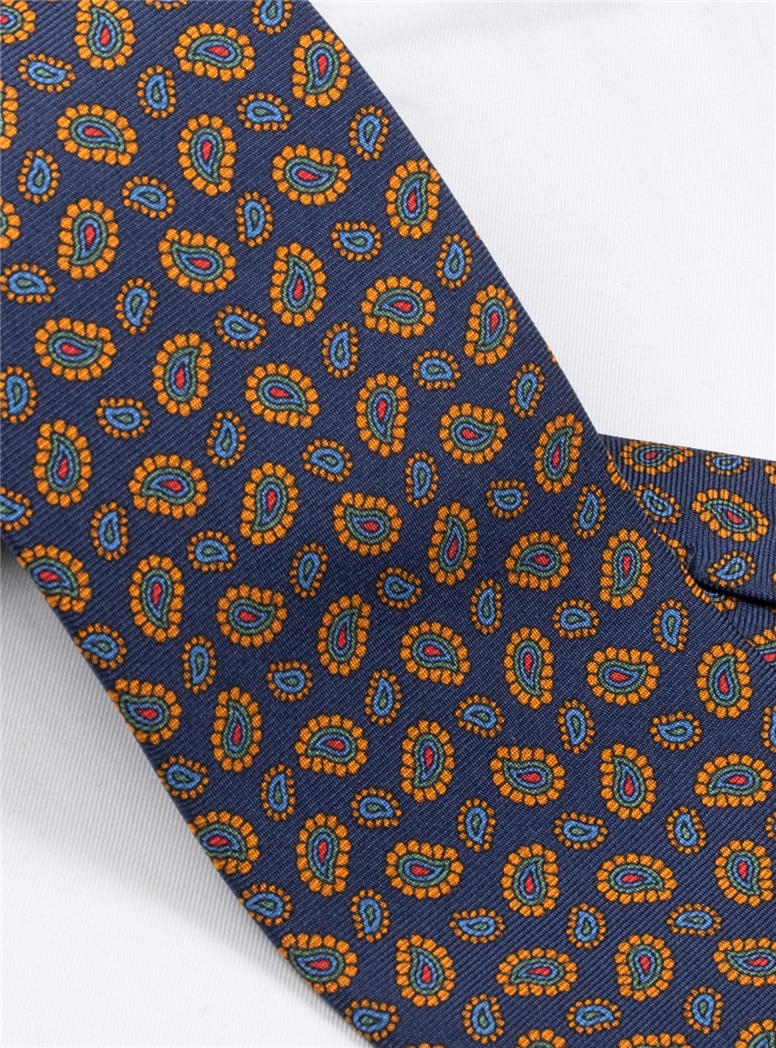 Silk Printed Paisley Tie in Navy