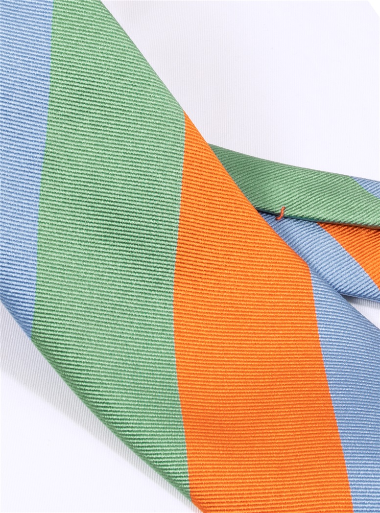 Woven Block Stripe Tie in Sage, Tangerine and Sky