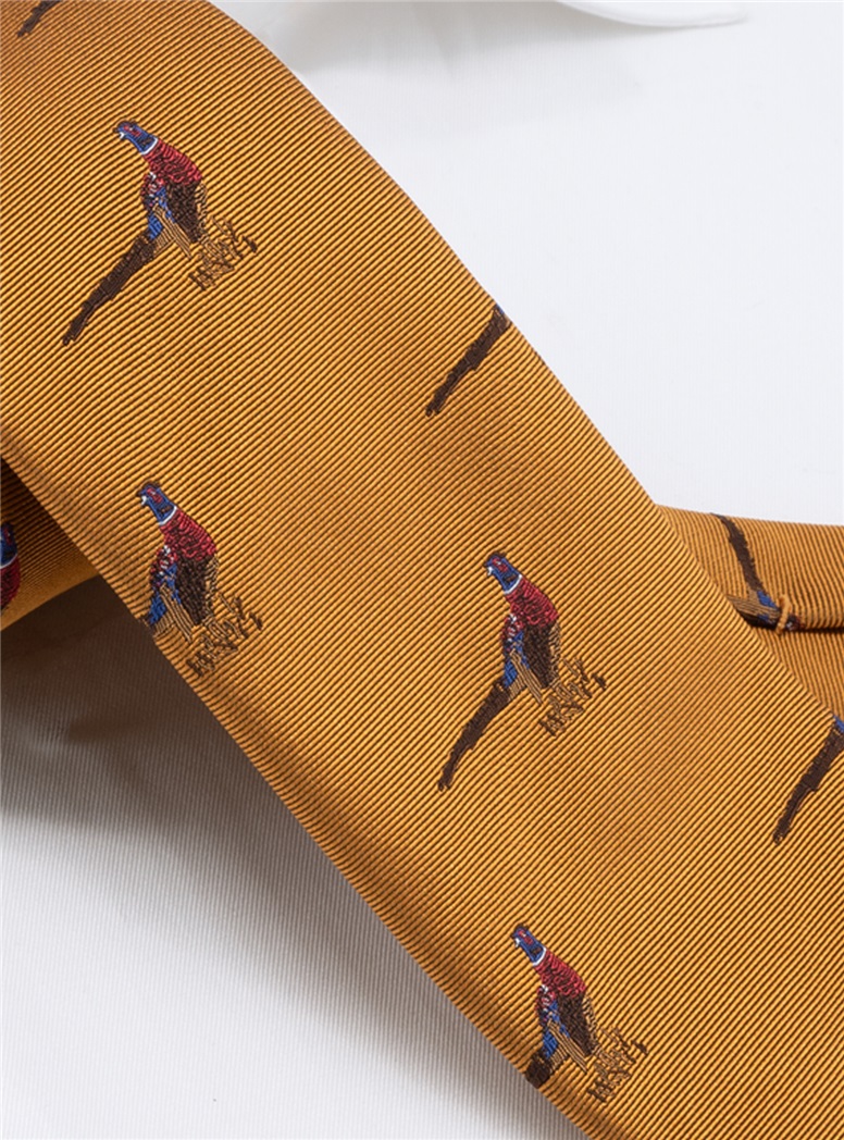 Silk Woven Pheasant Motif Tie in Gold
