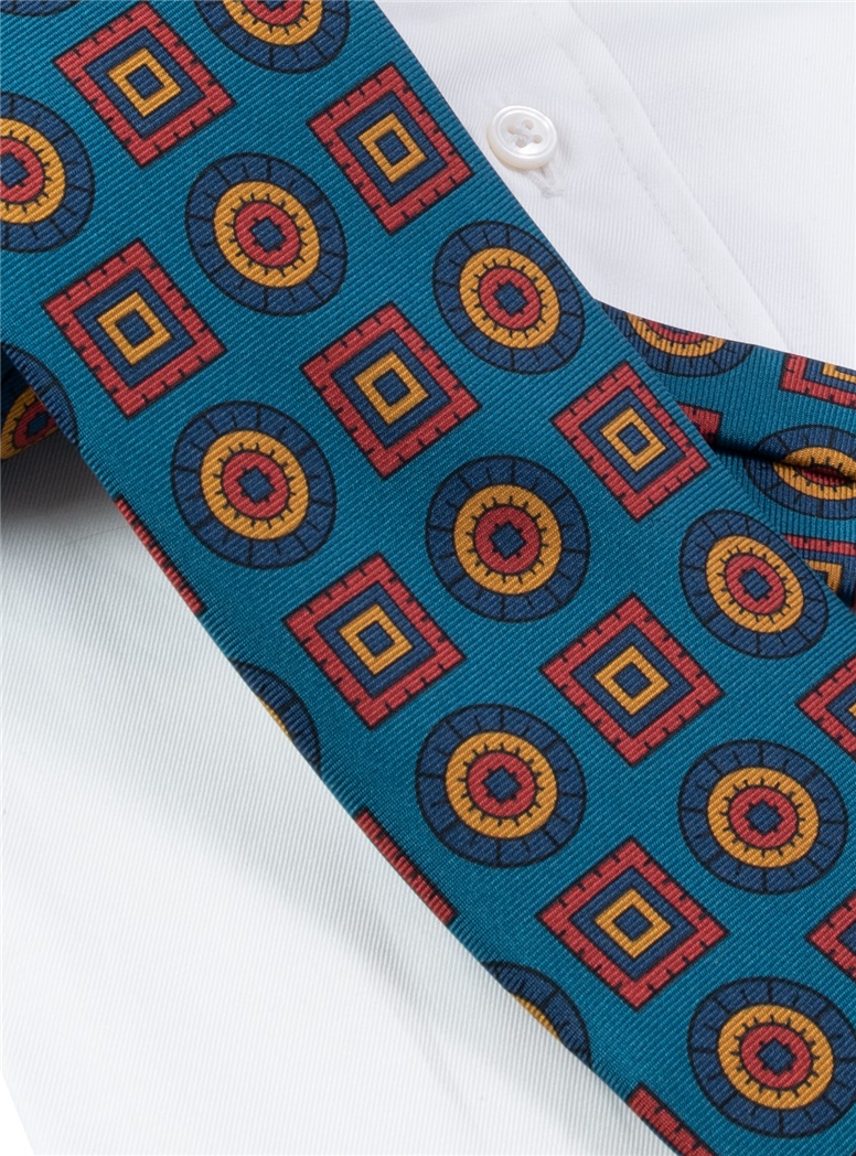 Silk Geometric Printed Tie in Teal