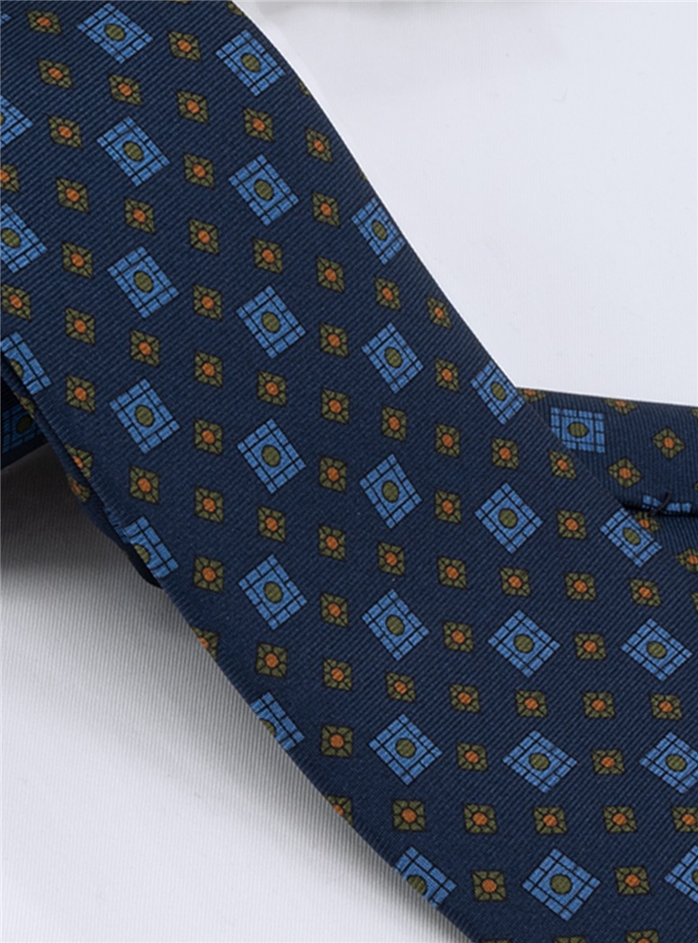 Silk Neat Print Tie in Navy