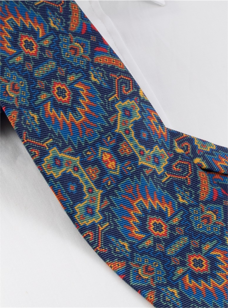 Silk Kelim Printed Tie in Navy