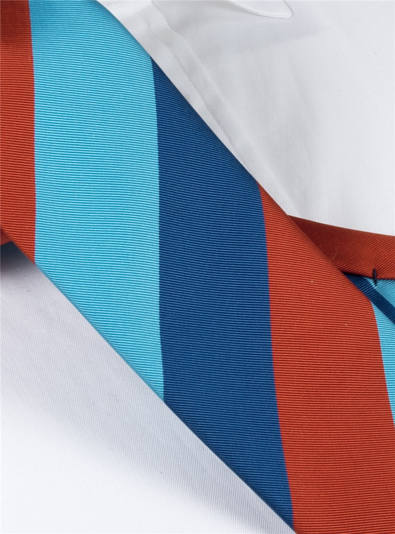 Mogador Block Stripe Tie in Ruby, Denim and Turquoise