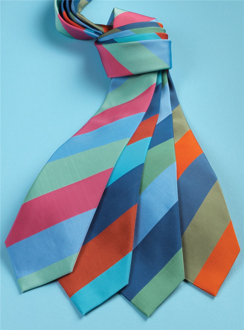 Mogador Block Stripe Tie in Ruby, Denim and Turquoise