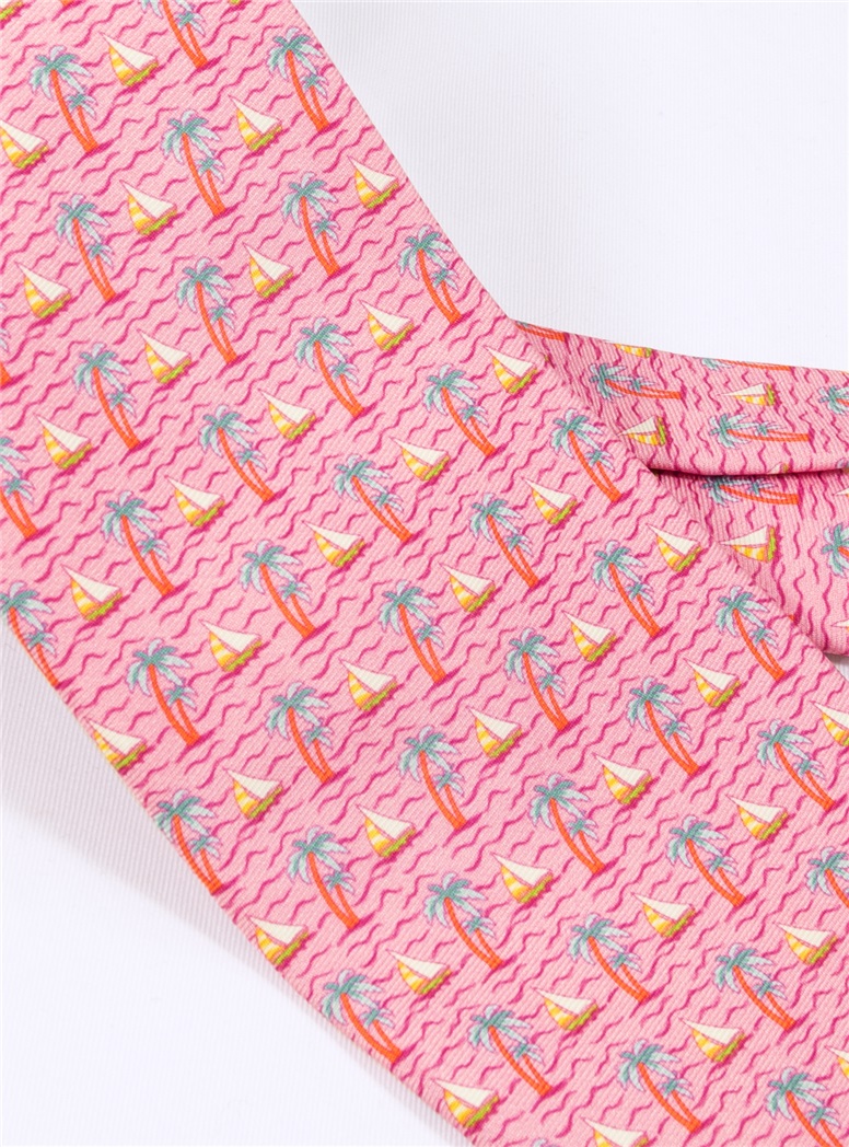 Palm Tree and Sailboat Printed Tie in Rose