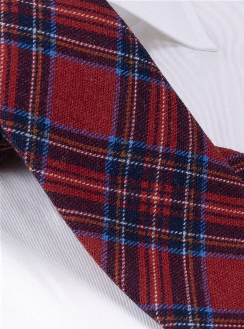 Wool Plaid Printed Tie in Red