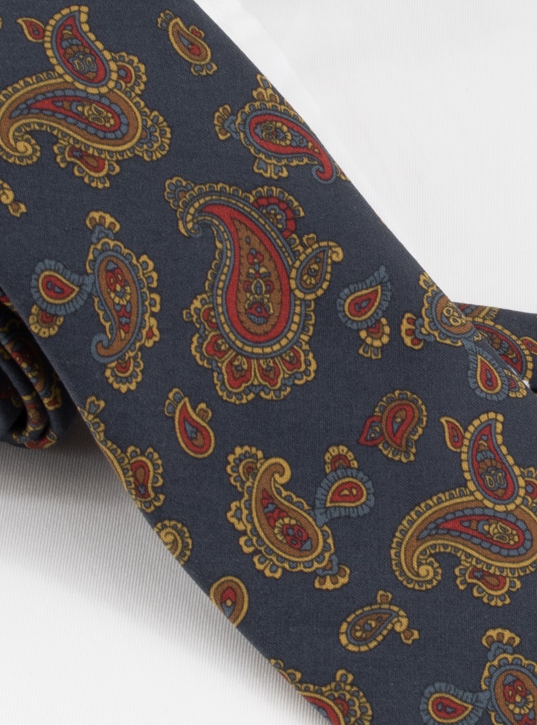 Silk Paisley Printed Tie in Navy