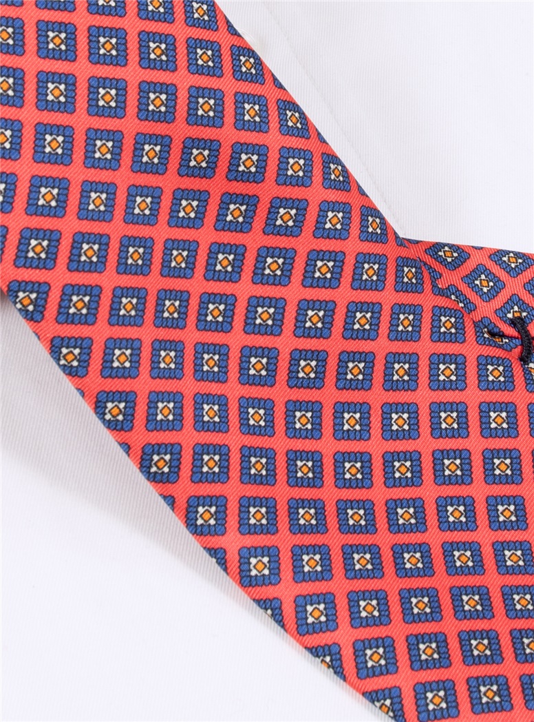 Silk Diamond Printed Tie in Coral