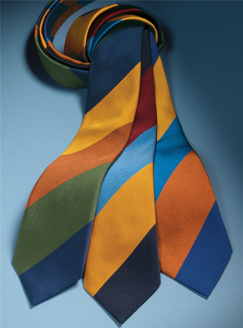 Silk Block Stripe Tie in Azure, Gold, Royal Blue and Spice