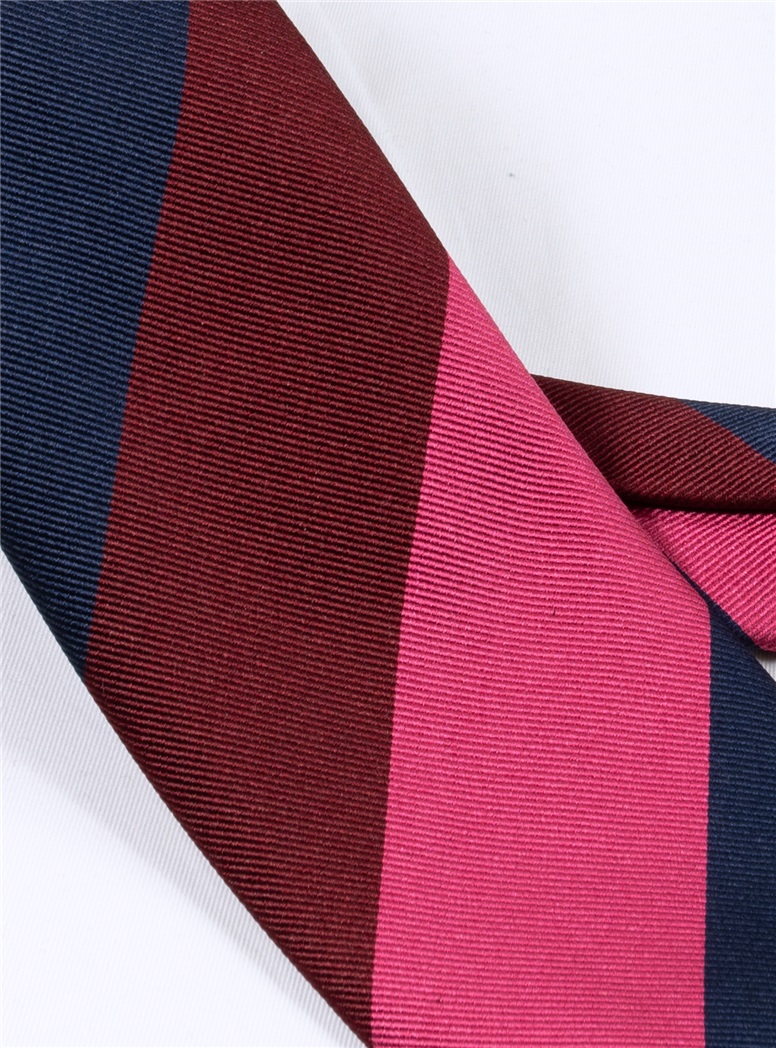 Silk Block Striped Tie in Fuchsia, Navy and Ruby