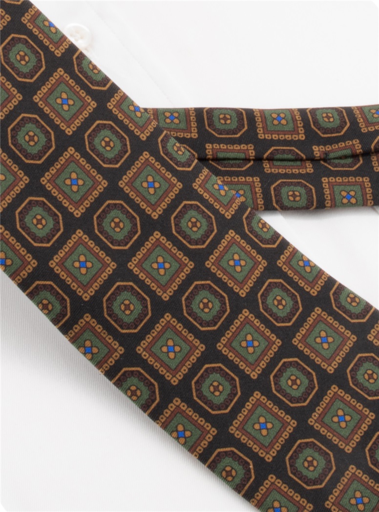 Silk Printed Medallion Motif Tie in Slate