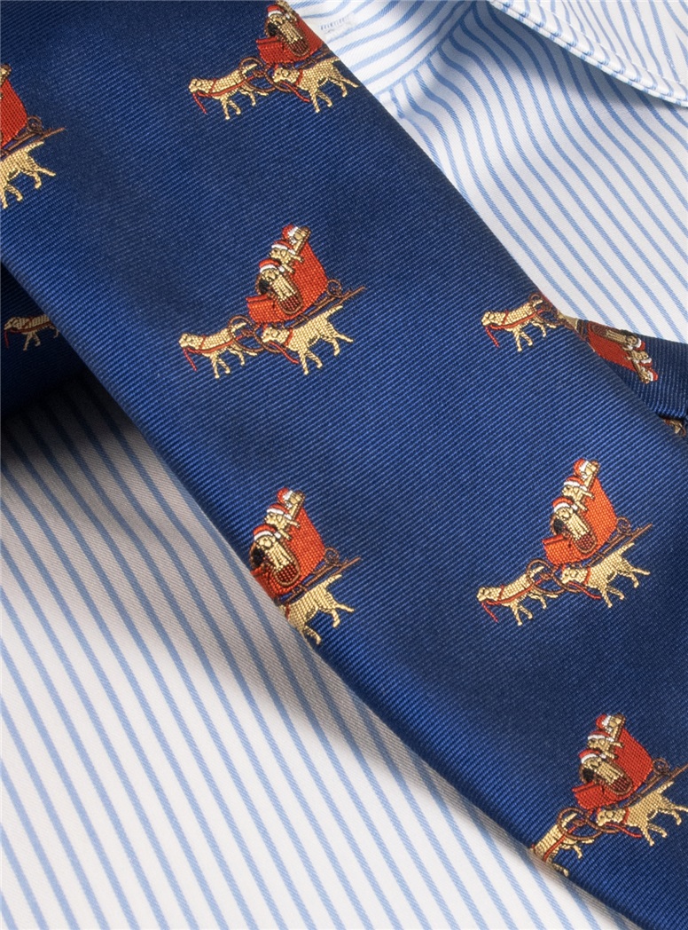 Silk Christmas Tie with Woven Sleigh and Pups in Navy