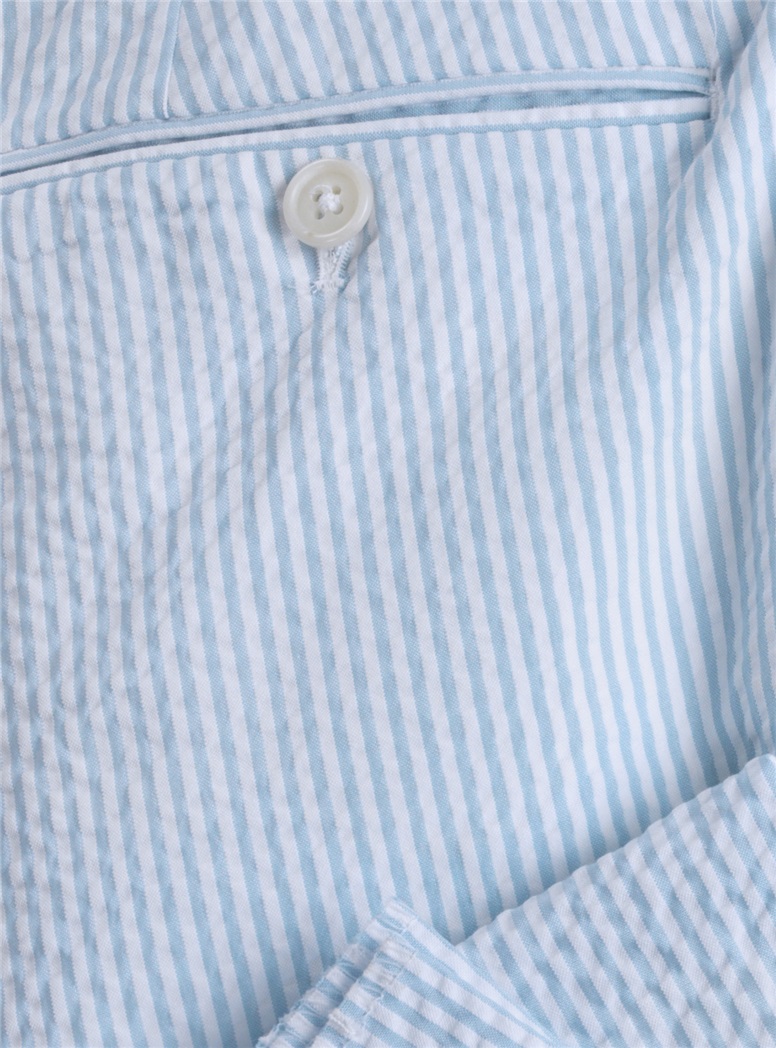 Blue & White Seersucker Plain Front Trousers