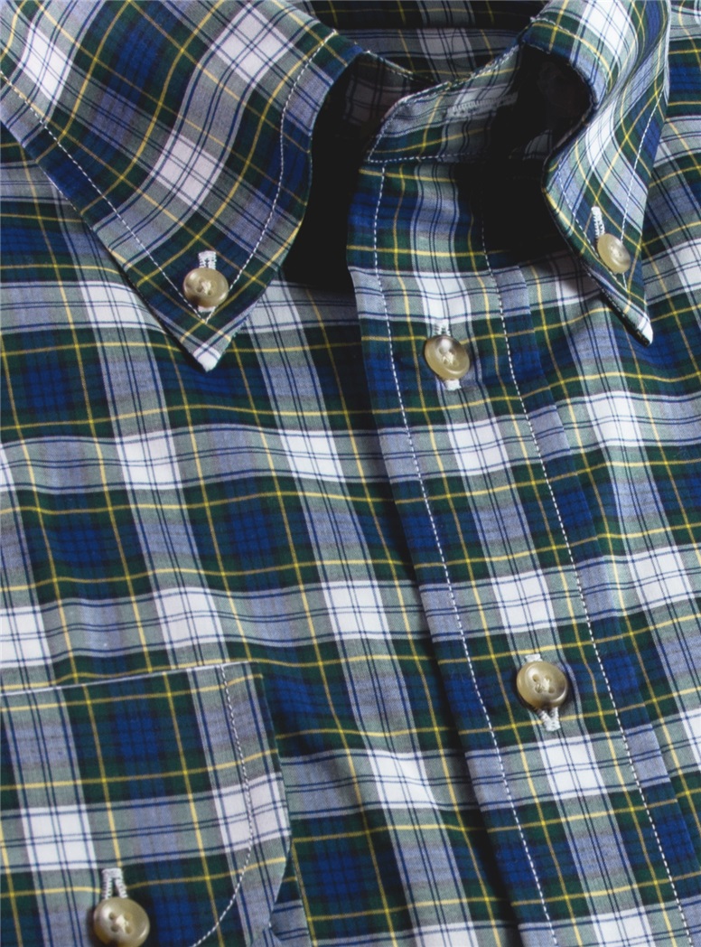 Navy, Green and White Plaid Button Down