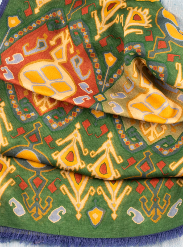 Cotton and Cashmere Blend Ikat Scarf in Leaf