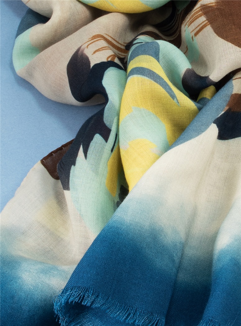 Wool and Cashmere Floral Printed Scarf in Ivory