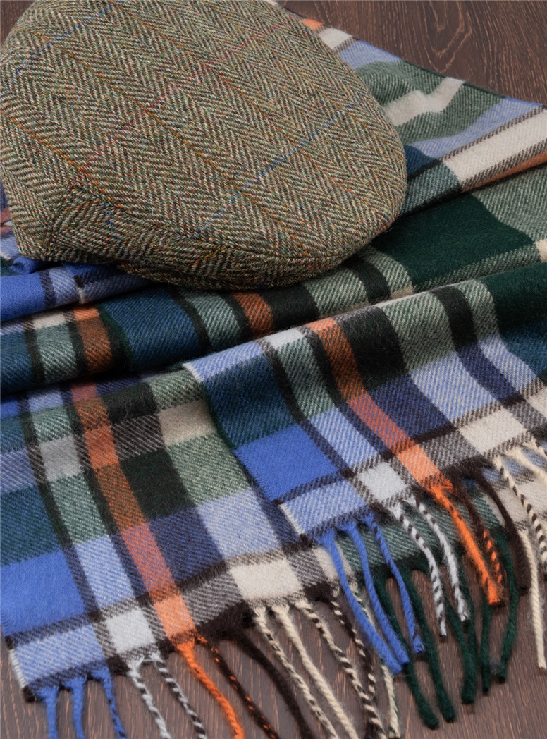 Cobalt, Green, and Barley Plaid Cashmere Scarf