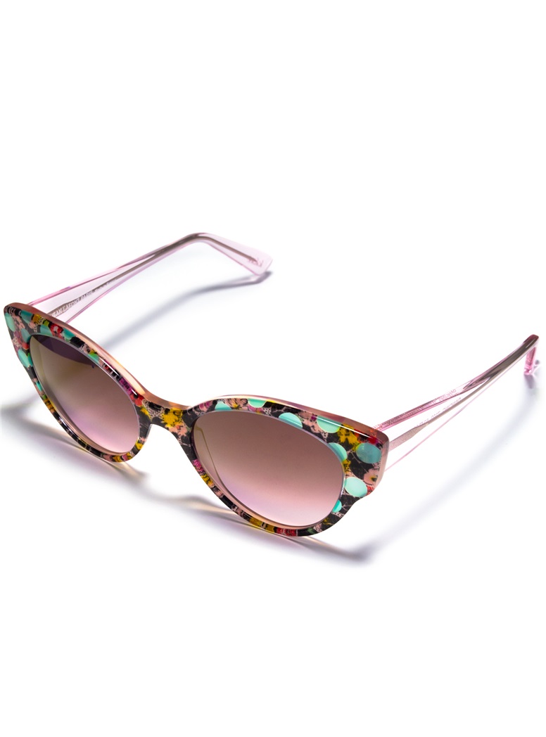 Cateye Sunglasses in Black and Pink Floral with Teal Dots