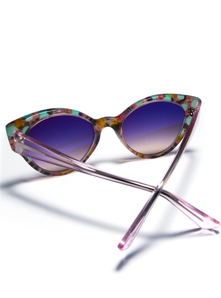 Cateye Sunglasses in Black and Pink Floral with Teal Dots