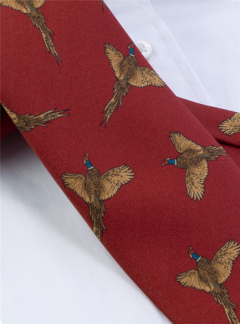 Silk Printed Pheasant Tie in Red