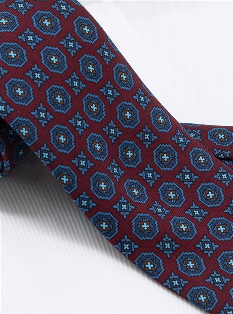 Silk Printed Medallion Motif Tie in Wine