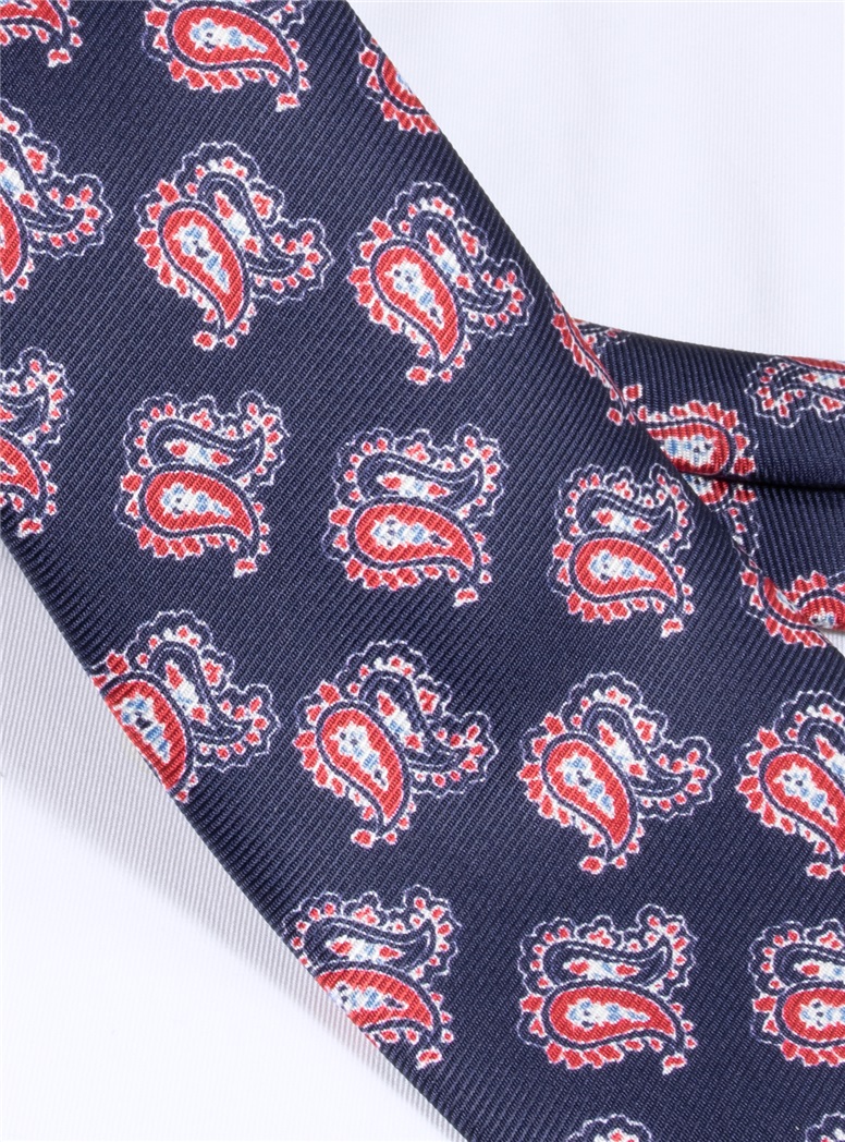 Silk Printed Paisley Tie in Navy