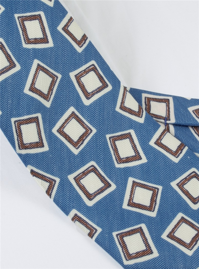 Silk and Linen Square Motif Tie in Aqua