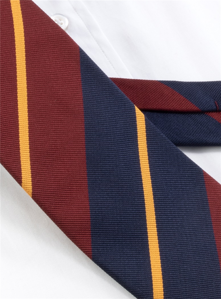 Silk Striped Tie in Wine, Navy, and Gold