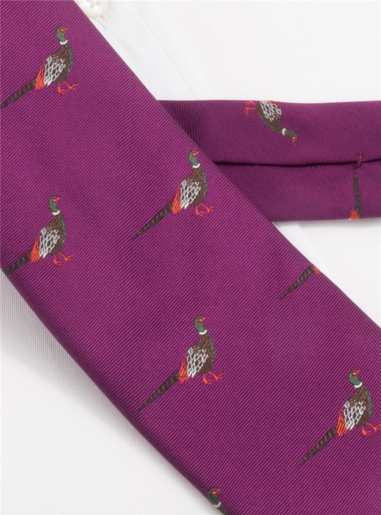 Silk Woven Pheasant Motif Tie in Fuchsia