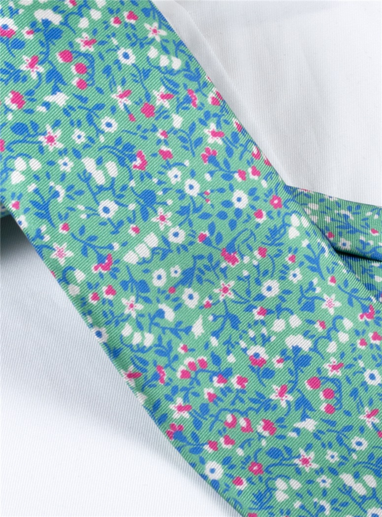 Silk Floral Printed Tie in Mint