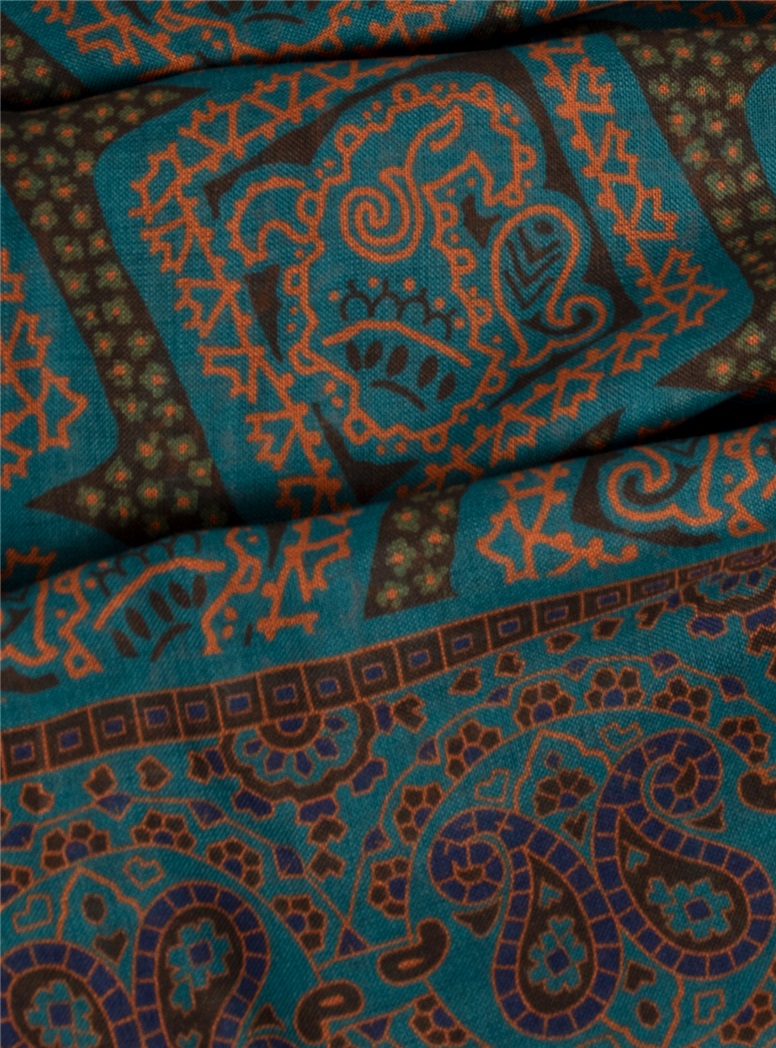 Wool and Silk Printed Scarf in Teal and Mocha