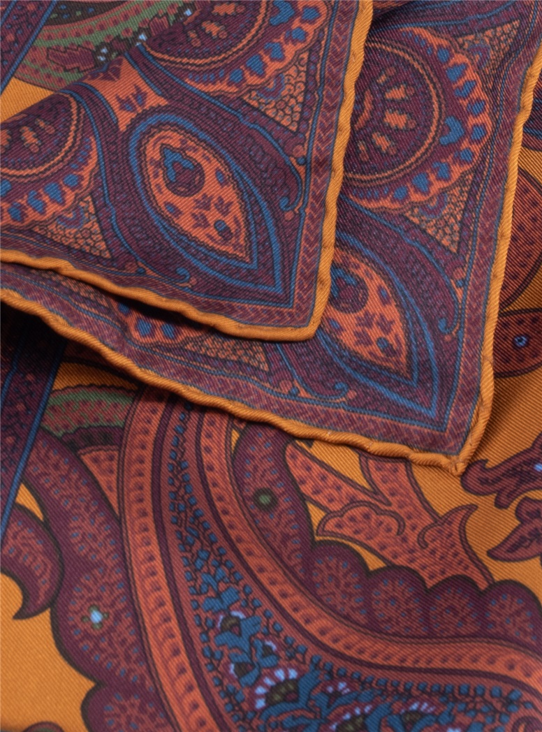 Silk Printed Paisley Pocket Square in Marigold