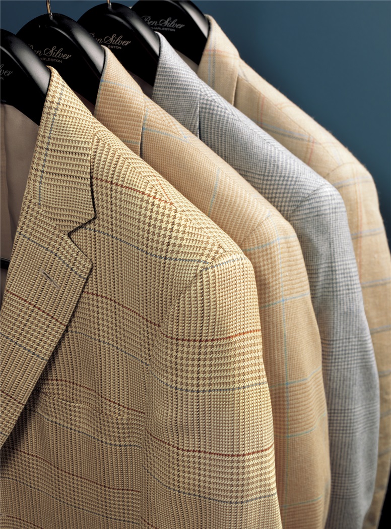 Pale Gold and Cream Glen Plaid Cashmere Sport Coat with Blue