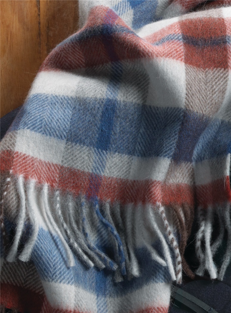 Wool and Alpaca Plaid Scarf in Royal, Red and Brown