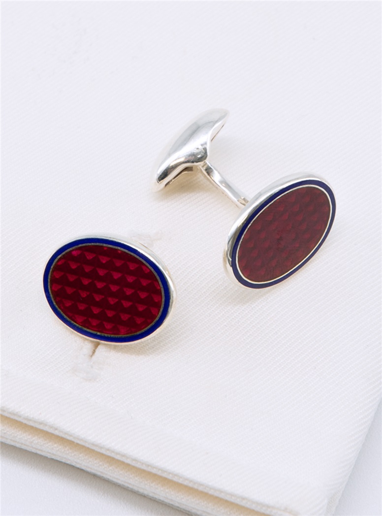 Oval Cufflinks in Burgundy with Cobalt Border