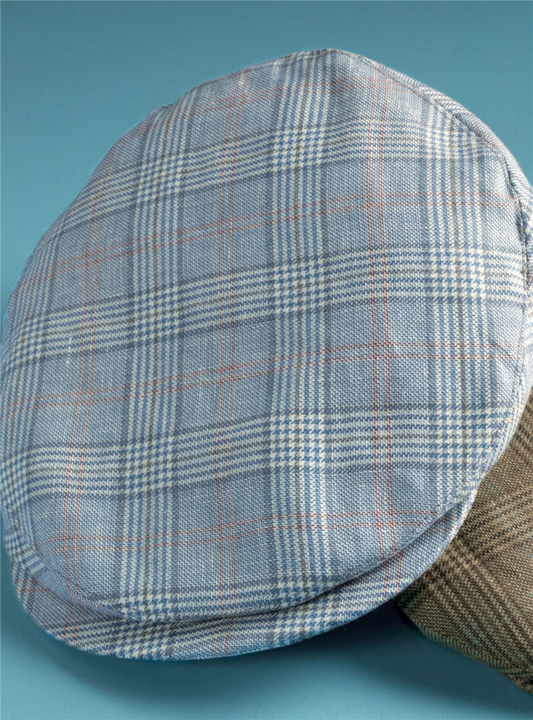 Wool and Linen Helmsley Cap in Dusty Blue Glen Plaid