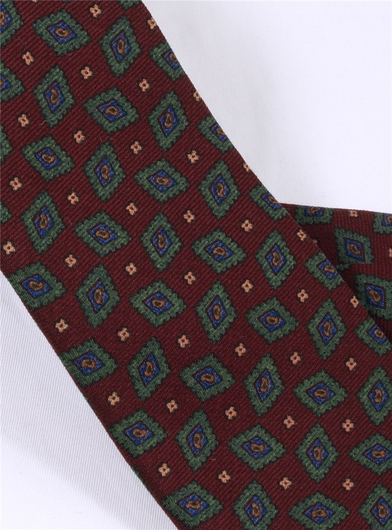 Wool Diamond Printed Tie in Burgundy