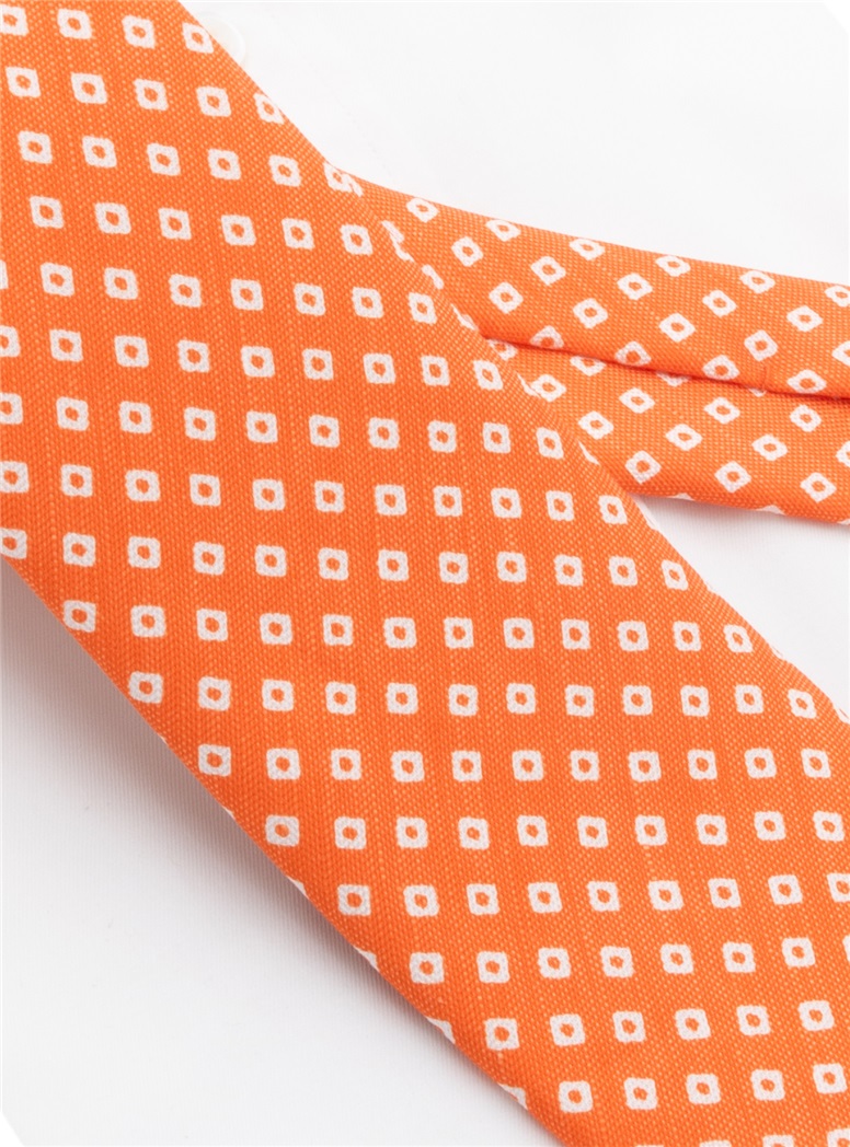 Silk and Linen Diamond Printed Tie in Tangerine