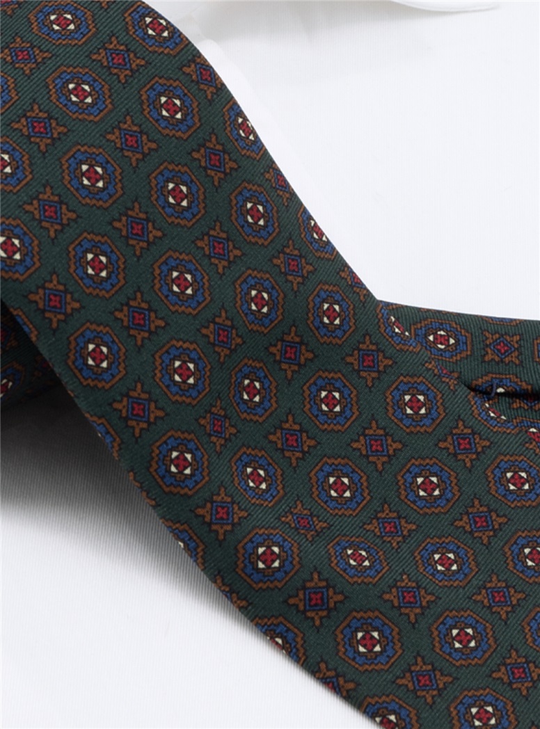 Silk Printed Medallion Motif Tie in Hunter Green