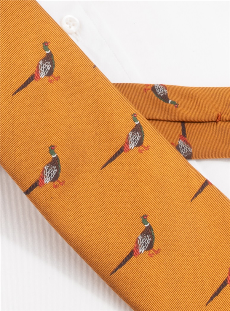 Silk Woven Pheasant Motif Tie in Gold