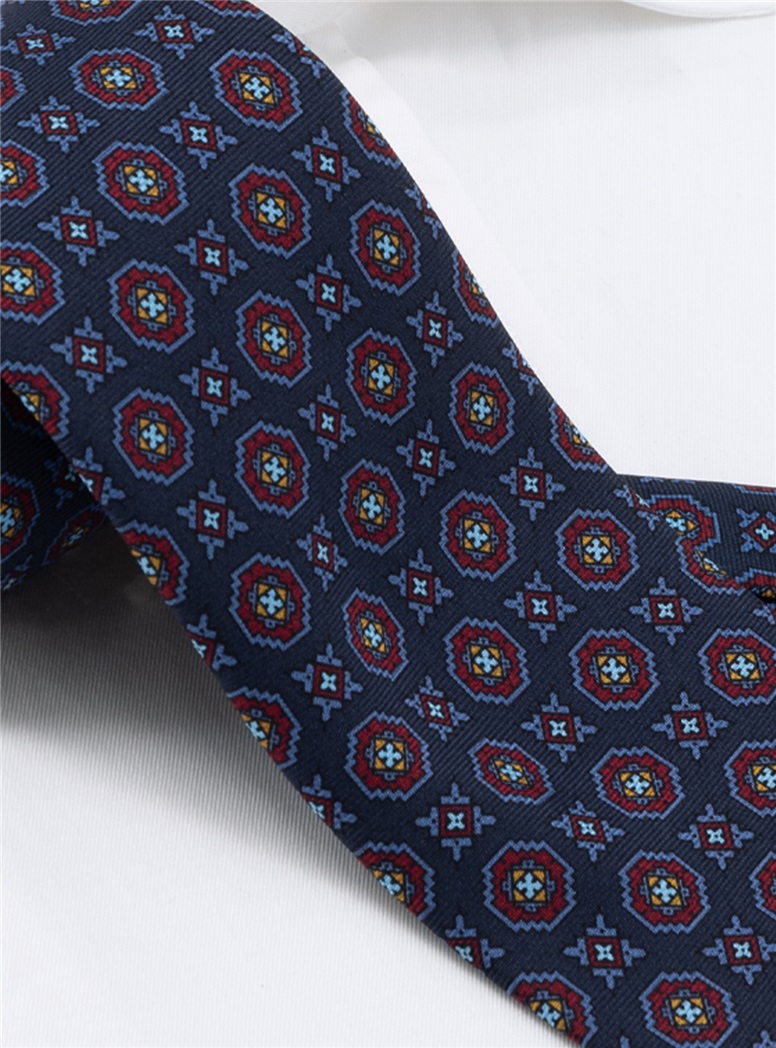 Silk Printed Medallion Motif Tie in Navy