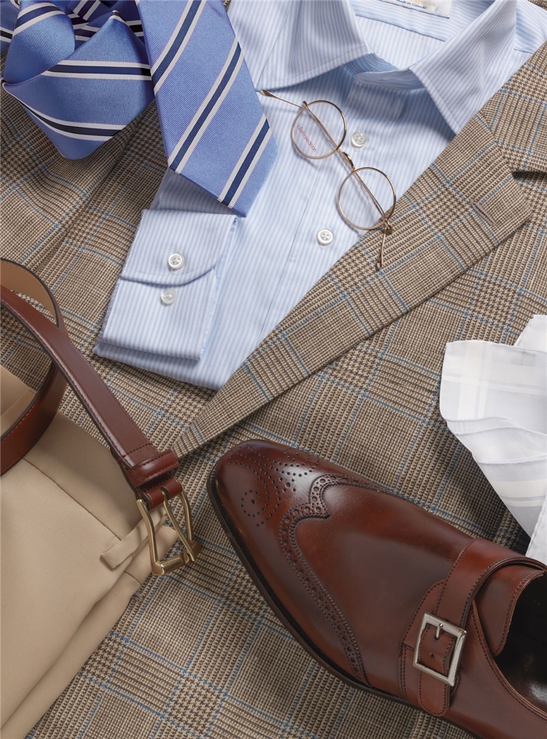 Cream and Brown Glen Plaid Sport Coat with Blue Windowpane