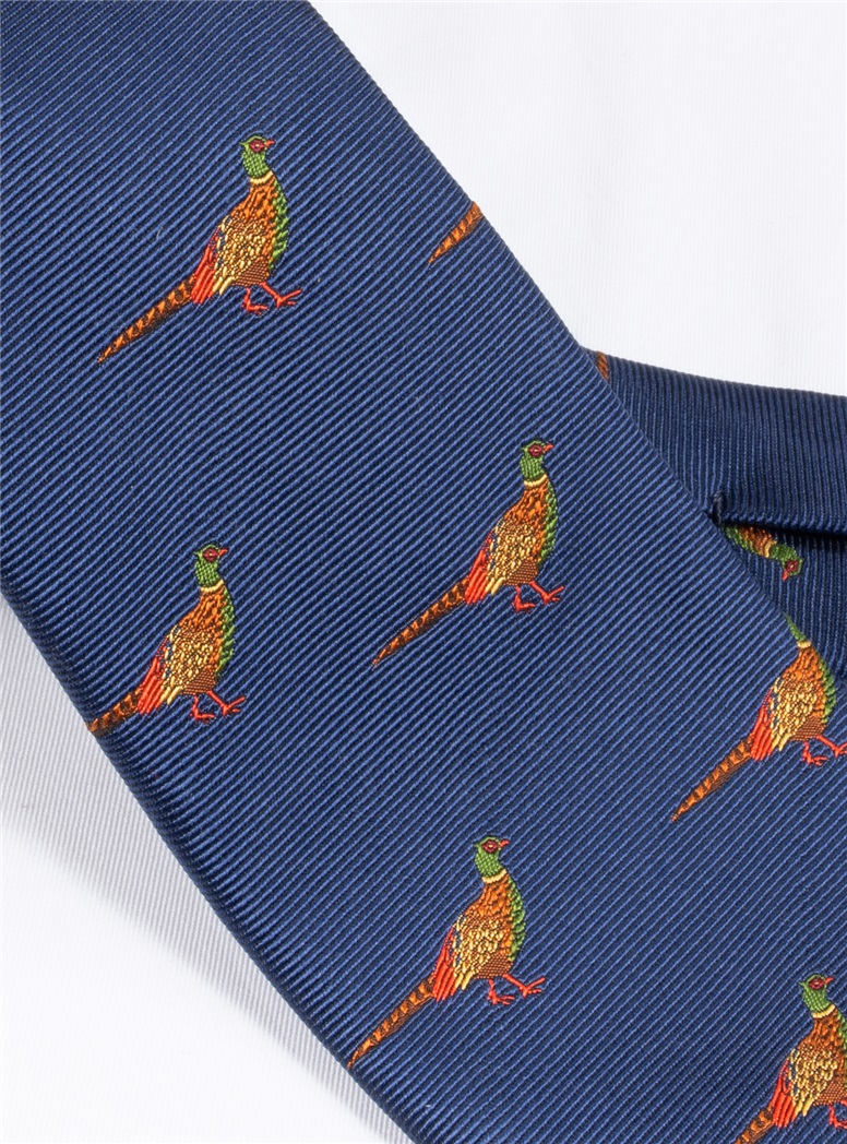Silk Woven Pheasant Motif Tie in Royal Blue