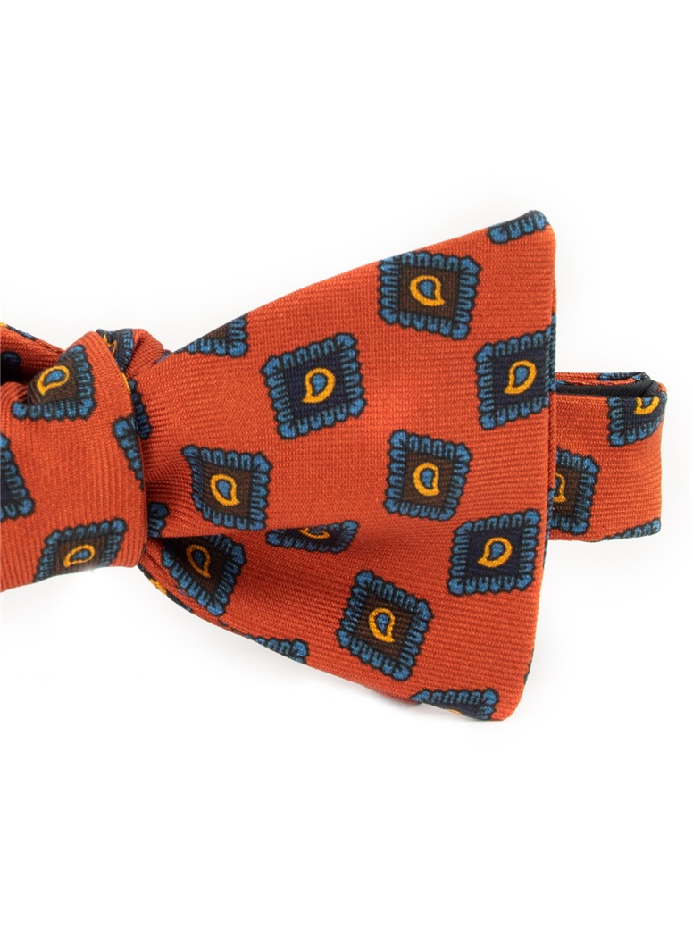 Silk Diamond Paisley Printed Bow Tie in Tangerine