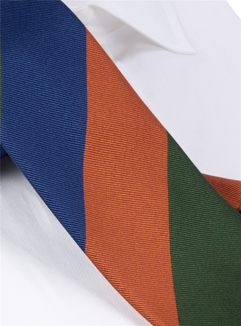 Silk Block Striped Tie in Marine, Spice and Field