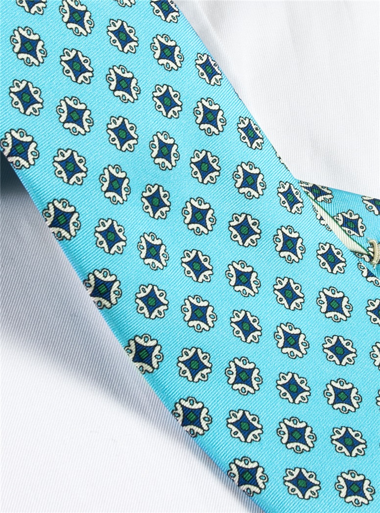 Silk Medallion Printed Tie in Aqua