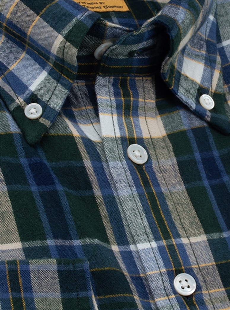 Navy, Green, and White Brushed Cotton Madras Button Down